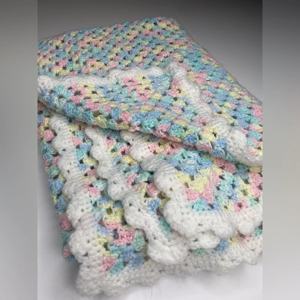 Crocheted Homemade Baby Blanket Pink, Yellow, Green, Blue and White 36x26
